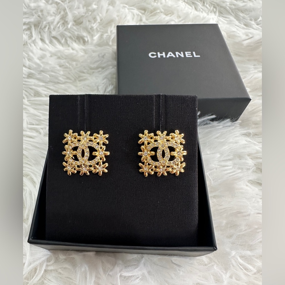 Chanel Square Crystal CC Gold Stud Earrings